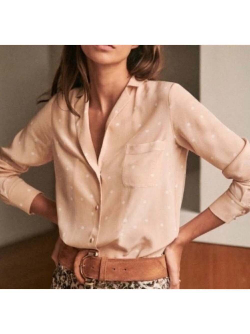 NWT Sezane silk Florence Shirt Pea Powder pink button down polka dots SZ34bust36